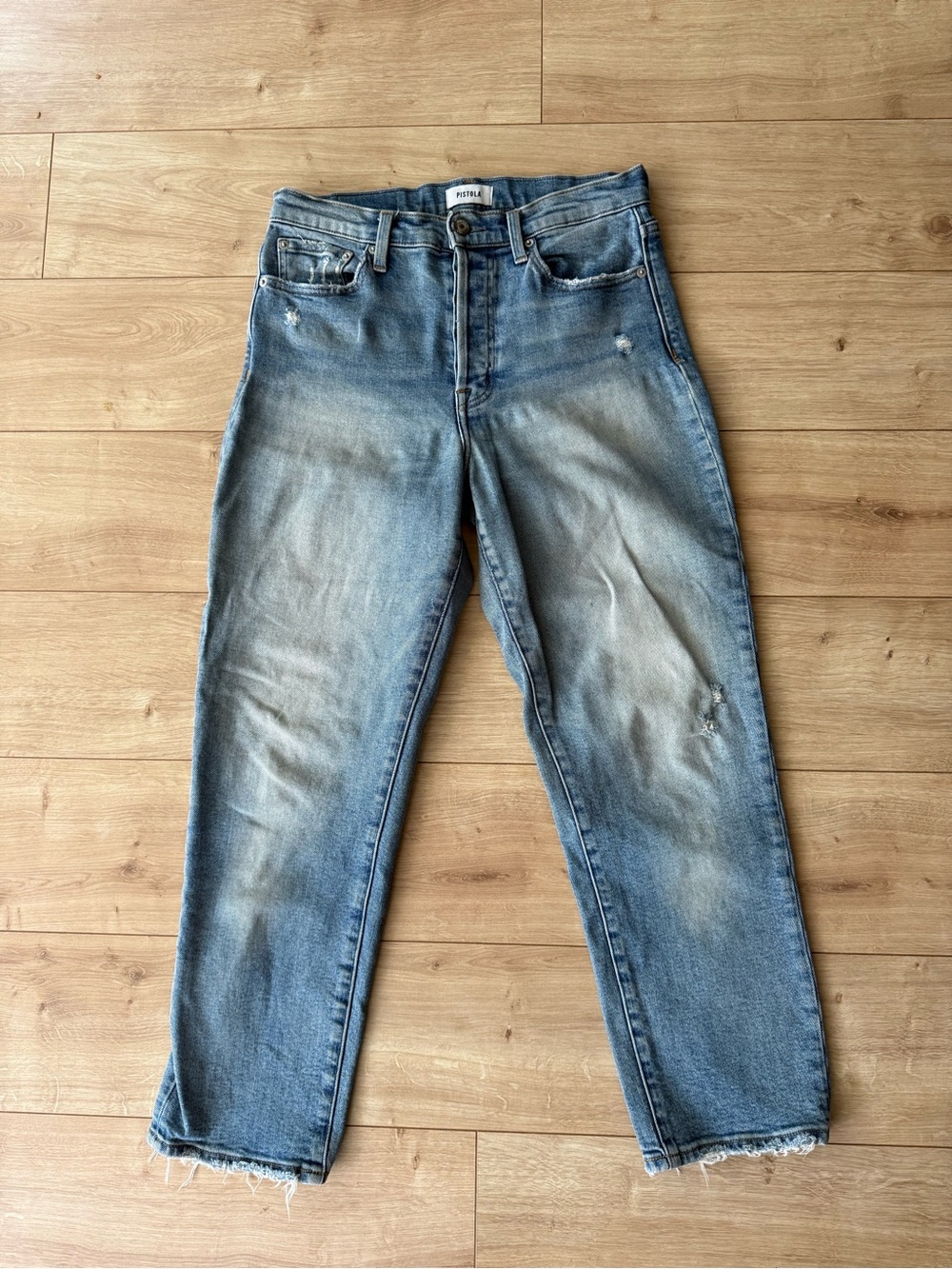 Pistola Spruce Light Wash Straight Leg Jeans Button Fly Distressed Size 28